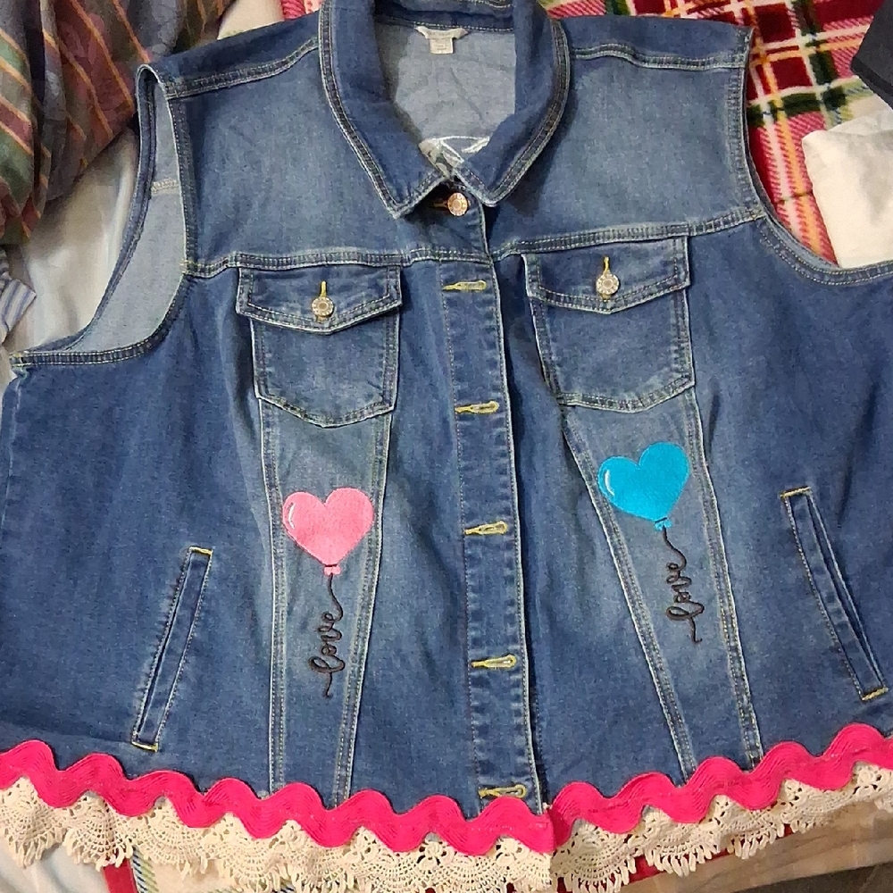 Cato Denim Vest with Pink and Blue Heart Details